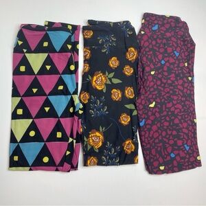 LuLaRoe Leggings OS One Size Set of 3 Black Backgrounds Triangles Floral Pebbles